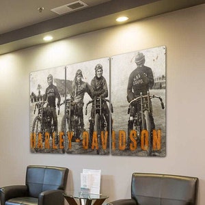 Harley Davidson Motorcycles Wall Art, Wrecking Crew Triptych METAL Sign, Optional Rustic Wood Frame, FREE SHIPPING!