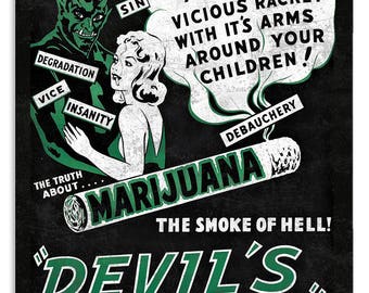 Devils Harvest Reefer Madness Marijuana Metal Sign 12" x 18"