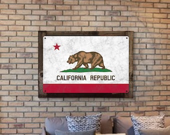 California State Flag, California Bear, Eureka! ; The Golden State, Metal Sign, Optional Rustic Wood Frame, Wall Art, FREE SHIPPING!