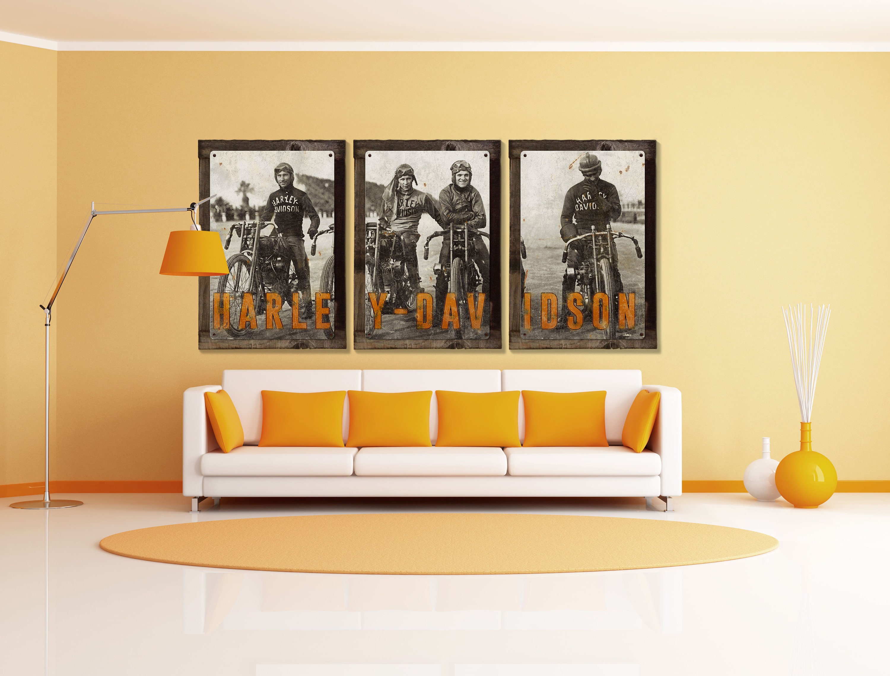 Harley-Davidson風　壁掛けインテリア Vintage Harley-davidson Motorcycle Wrecking Crew – Panoramic Wall