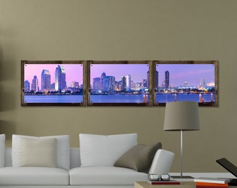 San Diego Skyline Wall Art Sunset, Panoramic Triptych Metal Sign, Optional Rustic Wood Frame