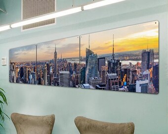 New York City Skyline Wall Art, Arial Panoramic Triptych Metal Sign, Optional Rustic Wood Frame