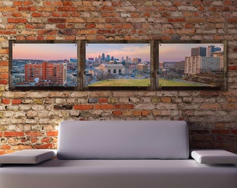 Kansas City Wall Art, Panoramic Triptych Metal Sign, Optional Rustic Wood Frame