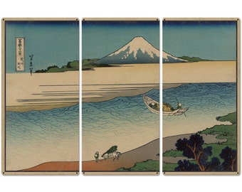 Tama River, Mount Fuji, Fisherman, Packhorse, 1890, Triptych Metal Sign, Oriental, Chinese,  Wall Decor, Wall Art 54"x36"