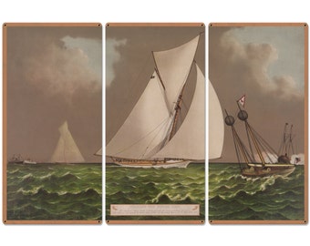 Nearing The Finish Line, The America's Cup, Volunteer, Currier & Ives 1887, Triptych Metal Sign, Americana, Wall Decor, Wall Art 54"x36"