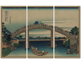 Beneath Mannen Bridge, Mount Fuji, Fukagawa Mannenbashi Shita, 1826, Triptych Metal Sign, Oriental, Chinese,  Wall Decor, Wall Art 54"x36"