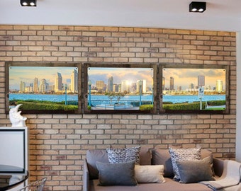 San Diego Skyline Wall Art, Panoramic Triptych Metal Sign, Optional Rustic Wood Frame