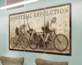 Industrial Revolution, Motorcycles Wall Art, Orient Tandem, Triptych METAL Sign, Optional Reclaimed Barn Wood Frame, FREE SHIPPING!