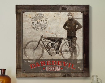 Daredevil Derkum, Wall Art, Thor Motorcycle METAL Sign, Optional Reclaimed BarnWood Frame, American Steel, Wall Decor, FREE SHIPPING