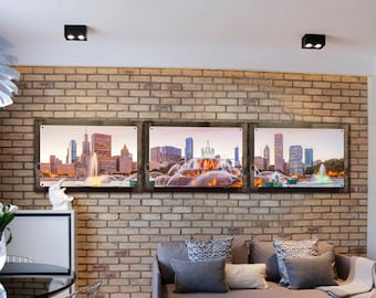 Chicago City Skyline Wall Art Sunset, Panoramic Triptych Metal Sign, Optional Rustic Wood Frame