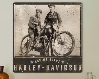 Harley Davidson Motorcycles Wall Art, Shrimp Burns, Wrecking Crew METAL Sign, Optional Rustic Wood Frame