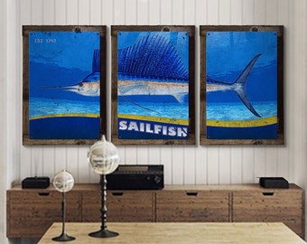 Sailfish, Marlin, Metal Triptych, Optional Rustic Wood Frame, Sport Fishing, Wall Art, Ocean, Nautical, Contemporary Art, FREE SHIPPING!!