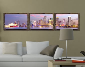 Miami Skyline Wall Art, Arial Panoramic Triptych Metal Sign, Optional Rustic Wood Frame