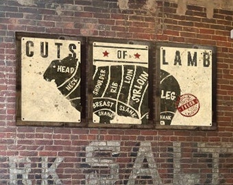 Cuts of Lamb Wall Art, BBQ, Food Triptych Metal Sign, Optional Rustic Wood Frame