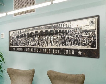 Vintage Motorcycle Wall Art, Panoramic Triptych Metal Sign, Optional Rustic Wood Frame