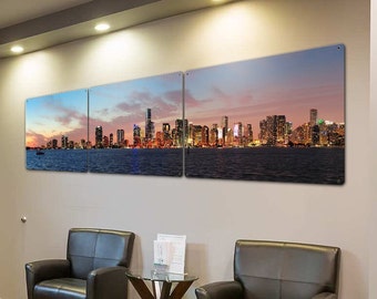 Miami Skyline Wall Art, Night Panoramic Triptych Metal Sign, Optional Rustic Wood Frame