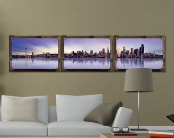 Seattle Skyline Wall Art Sunset, Panoramic Triptych Metal Sign, Optional Rustic Wood Frame