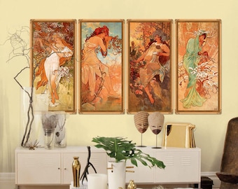 Mucha, The Seasons: Spring Summer Autumn Winter , 4 METAL Panels, Metal Sign, Wall Decor, Wall Art, Nouveau, FREE SHIPPING!