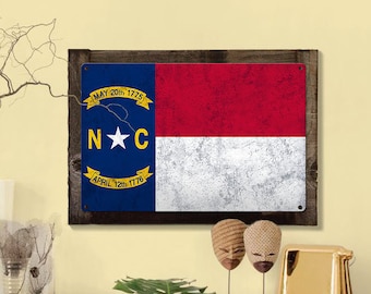North Carolina State Flag, First in Flight, Metal Sign, Optional Rustic Wood Frame, Wall Decor, Wall Art, Vintage, FREE SHIPPING!