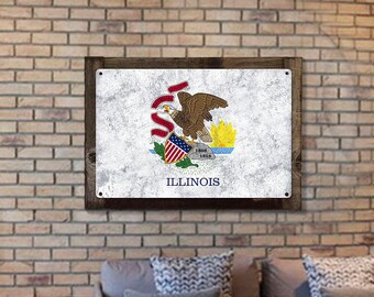 Illinois State Flag, Land of Lincoln, Metal Sign, Optional Rustic Wood Frame, Wall Decor, Wall Art, Vintage, FREE SHIPPING!