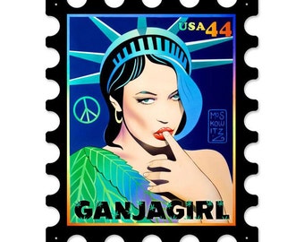 Ganja Girl Lady Liberty Marijuana Stamp Metal Sign 16" x 19"