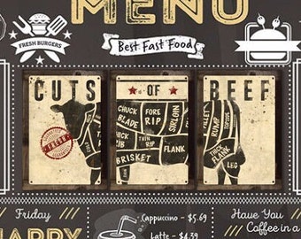 Cuts of Beef Wall Art, Sushi, Fish Triptych Metal Sign, Optional Rustic Wood Frame