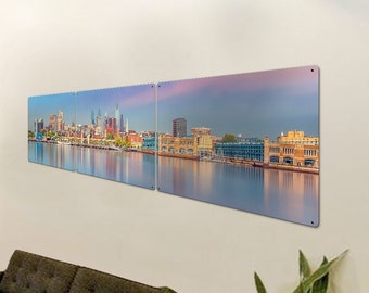 Philadelphia Skyline Wall Art Sunset, Panoramic Triptych Metal Sign, Optional Rustic Wood Frame