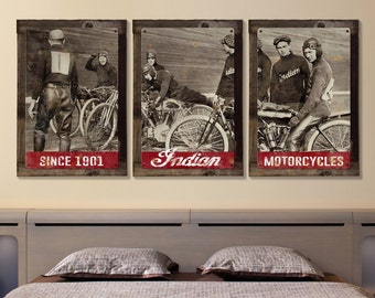 Indian, Motorcycles, Vintage, Photo, Triptych METAL Sign, Wall Art , Optional Reclaimed Barn Wood Frame, FREE SHIPPING!