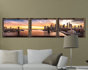 New York City Skyline Wall Art Sunset, Panoramic Triptych Metal Sign, Optional Rustic Wood Frame