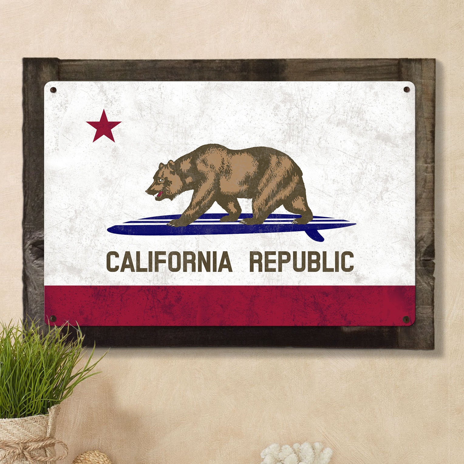 California Surfing Bear State Flag, Eureka! ; The Golden State, Metal Sign, Optional Rustic Wood Frame, Wall Art, FREE SHIPPING!