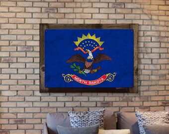 North Dakota State Flag, Legendary, Metal Sign, Optional Rustic Wood Frame, Wall Decor, Wall Art, FREE SHIPPING!