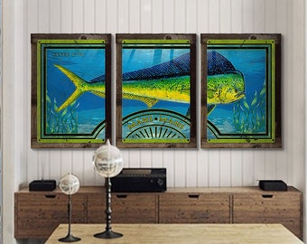 Mahi-mahi, Dorado, Dolfinfish, METAL Triptych, Optional Rustic Wood Frame, Sport Fishing, Wall Art, Ocean, Nautical, FREE SHIPPING!!