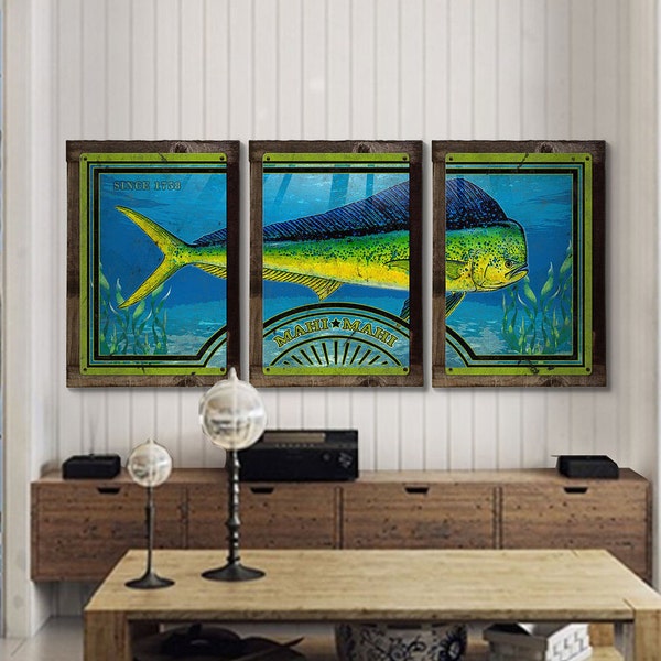 Mahi-mahi, Dorado, Dolfinfish, METAL Triptych, Optional Rustic Wood Frame, Sport Fishing, Wall Art, Ocean, Nautical, FREE SHIPPING!!