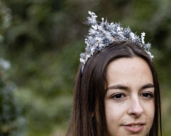 Bridal headband of silver thistles wild dried flowers