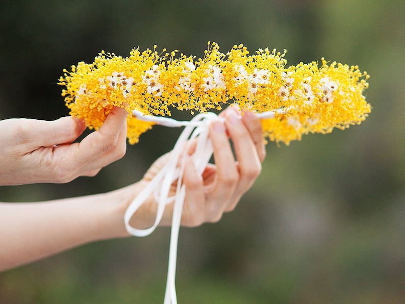 Preserved yellow flowers halo for a boho bride