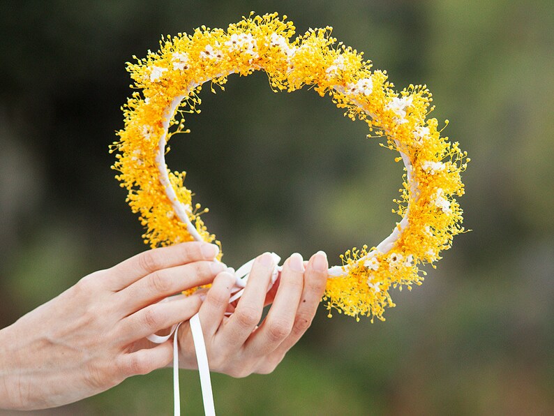 Preserved yellow flowers halo for a boho bride