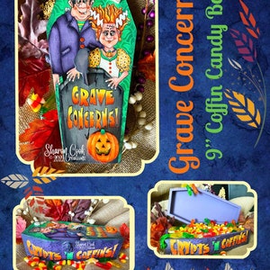 May include: A 9-inch coffin-shaped candy box with a purple lid and a Halloween theme. The box is decorated with a graphic of a tombstone with the text "Grave Concerns!" and a pumpkin. The box is filled with candy corn and gummy worms.