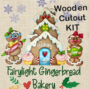 KIT for Fairylight Gingerbread Bakery--by Sharon Cook (includes cutouts for girl and boy gingerbread, Bakery, stands, wire, fairy lights)