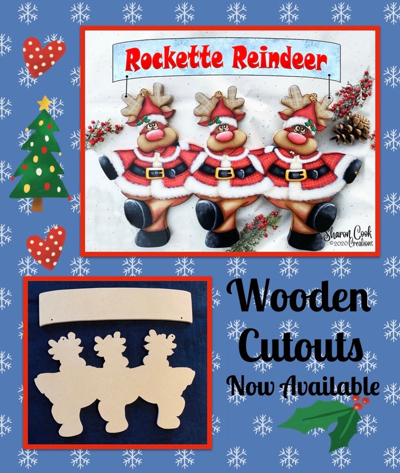 May include: Three wooden reindeer cutouts in a row, painted red and white with black accents. The reindeer are wearing Santa hats and have a banner above them that reads "Rockette Reindeer". The cutouts are available for purchase.