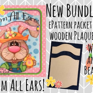 May include: A new bundle for crafting includes a digital pattern packet and a wooden plaque with a bunny design. The plaque is shaped like a banner and has the words "I'm All Ears!" on it. The bundle also includes wire and beads.