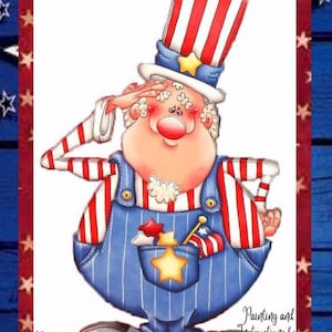 May include: A cartoon illustration of a man wearing a red, white, and blue striped hat, overalls, and a red, white, and blue striped shirt. He is saluting with his right hand. The image is designed by Shelly Comiskey and the painting and instructions are by Sharon Cook.