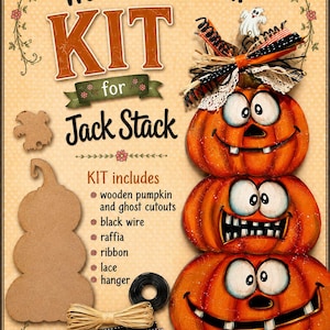 May include: A craft kit for a Jack Stack featuring wooden pumpkin and ghost cutouts, black wire, raffia, ribbon, lace, and a hanger. The kit includes text reading Wooden Cutout KIT for Jack Stack and lists contents including wooden pumpkin and ghost cutouts.