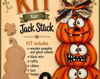 Jack Stack Wooden Cutout KIT--by Sharon Cook (KIT includes pumpkin and ghost cutouts, hanger, wire, raffia, ribbon, and lace)