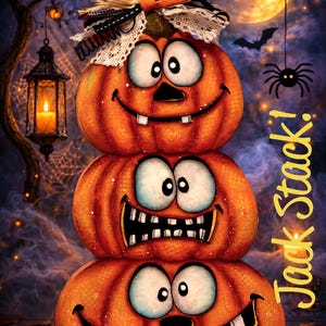 May include: A vertical stack of three orange pumpkins with cartoon faces, large white eyes, and wide smiles. The top pumpkin features a decorative bow with lace and ribbon. The text Jack Stack! is written in yellow on the right side of the image.