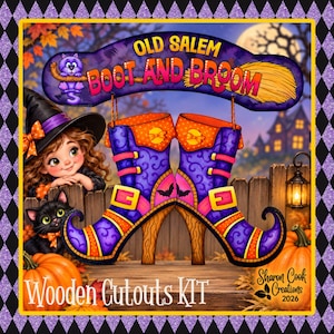 May include: A wooden cutout kit featuring a purple and orange sign that reads OLD SALEM BOOT AND BROOM with a cat and broom illustration. Below, two purple and orange witch boots with buckles and bat motifs are displayed as decorative cutouts.