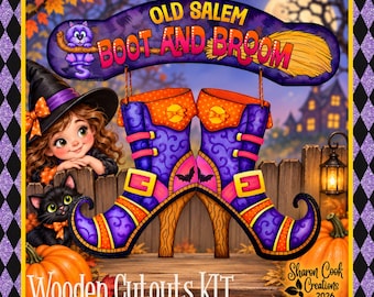 Old Salem Boot and Broom Wooden Cutouts KIT--by Sharon Cook (includes boots, banner, hanger, and wire. Lettering stencil set not included)