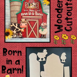 Born in a Barn! Wooden Cutouts--by Sharon Cook (includes barn, silo, cow, sheep, two spacer pieces, and hanger; does NOT include ePattern)