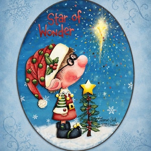 May include: An oval-shaped illustration featuring a cartoon elf wearing a red and green patterned hat with a white brim, standing next to a small pine tree topped with a yellow star. The text Star of Wonder appears above a bright yellow star.