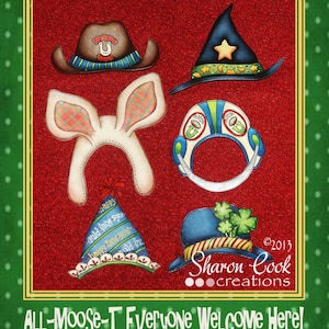 May include: A set of five colorful felt hats, including a cowboy hat, a witch hat, bunny ears, a racing helmet, and a leprechaun hat. The hats are on a red background with white polka dots. The text "ALL-MOOSE-T Everyone Welcome Here! Extra Hats--Packet B" is at the bottom of the image.