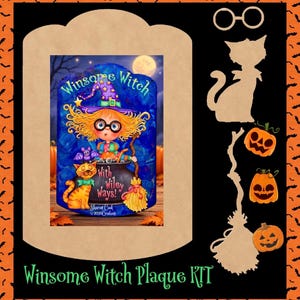 May include: A craft kit featuring a rectangular plaque with a colorful illustration of a witch, a cat, and a cauldron with the text Winsome Witch With Wiley Ways. The kit includes wooden cutouts of glasses, a cat, a broom, and three pumpkins.